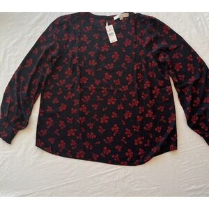 LOFT‎ Floral Blouse Women's Size S Long Sleeve Black Red Cottagecore Career